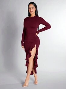 SHEIN PETITE 女款純色圓領開衩至大腿緊身長袖洋裝，適合嬌小女性 - 酒紅色 - 查看 3