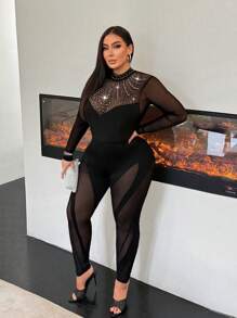 SHEIN SXY Body de manga larga con cuello alto de malla y decoración de rhinestones para mujer de talla grande, adecuado para uso diario, citas, bailes de graduación, fiestas, reuniones de Año Nuevo, banquetes, cóctel, elegante, para modificar y realzar la silueta del Body - Negro - Ver 6