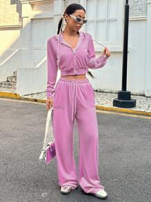 SHEIN EZwear Set de 2 piezas de chaqueta casual y pantalones de mujer de terciopelo rosa con capucha y cremallera delantera