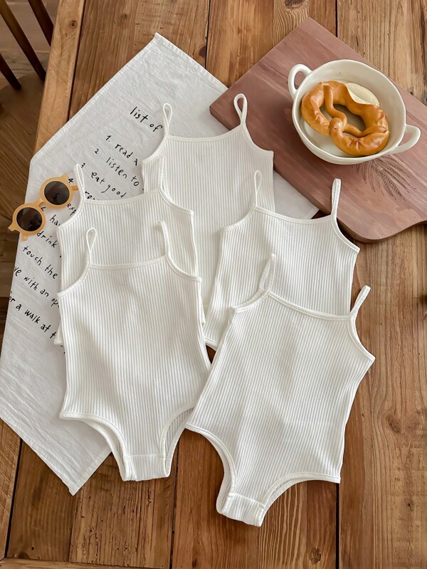SHEIN LMoss Kids Baby Girl LMoss 5 bucăți/Set drăguț, minimalist, culoare uni, tricot camisole, salopetă, potrivită pentru vară