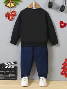 SHEIN 1pc Boys Fashion Sweatshirt, Knit Placement Print Christmas Elements, Cute Dinosaur Graphic Print Long Sleeve Crew Neck Pullover, Soft Breathable Fabric, Loose Fit Design, Suitable To Pair With Jeans, Casual Pants, For Everyday Wear, Events, School, Christmas - Black - View 4