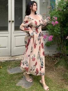 DAZY 方领满花印花灯笼袖女士中长连衣裙，秋装长袖连衣裙