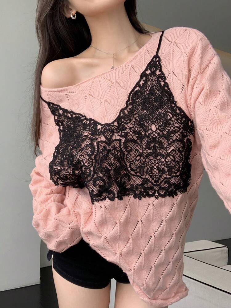 Contrast Color Contrast Lace Jacquard Knit Camisole Sweater For Women,Fall Clothes