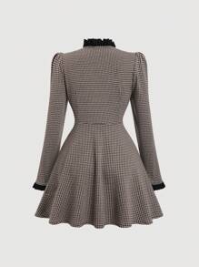Sweetra Vestido de corte regular de manga larga con volante en el bajo, de unicolor con parches de tweed, para primavera y otoño - Blanco y Negro - Ver 2