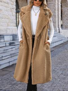 SHEIN Clasi Faux Shearling Button Up Sleeveless Long Coat - Brown - View 4