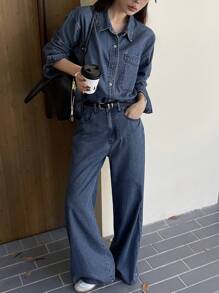 DAZY Women's Western Style Denim Outfit, Washed Denim Shirt And Flare Denim Pants Woman Denim Set,Fall Women Clothes - Medium Wash - View 10