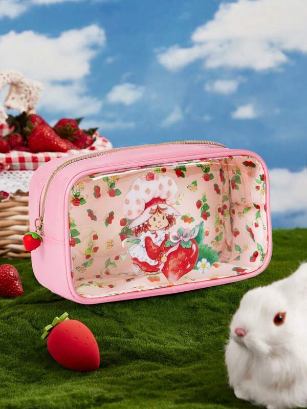 Strawberry Shortcake X SHEIN Bolsa cosmética transparente cuadrada con estampado de personaje de dibujos animados y fresas