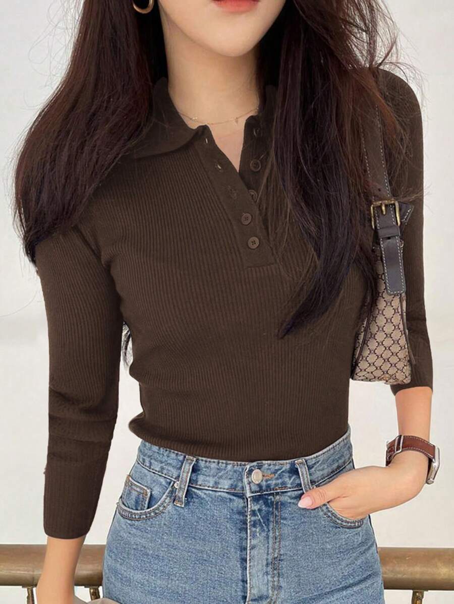 DAZY 女式纯色前扣长袖休闲衬衫夏秋季 - 棕色 - 查看 1