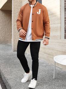 Manfinity Homme Plus Size Men's Casual Contrast Color Trim Letter Print Jacket, Autumn - Bronze - View 6