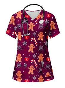 PopScrub 女式 V 领短袖口袋护士/医生制服上衣，带有可爱卡通圣诞姜饼人和祝福印花 - 紫羅蘭色 - 查看 1