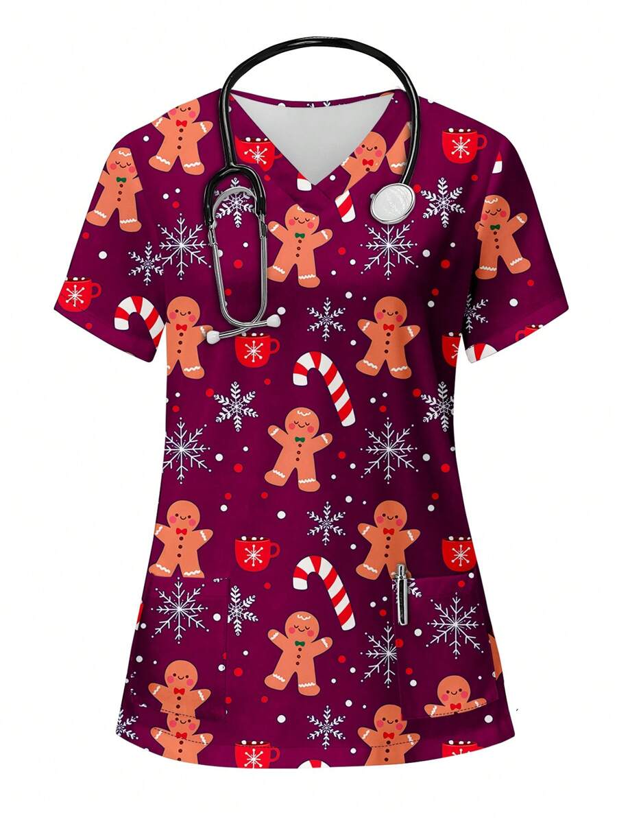 PopScrub 女式 V 领短袖口袋护士/医生制服上衣，带有可爱卡通圣诞姜饼人和祝福印花 - 紫羅蘭色 - 查看 1