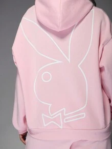 Missguided x Playboy Haftowany dres z kapturem i logo króliczka, wygodny, dwuczęściowy zestaw do noszenia w domu, jesień/zima, streetwear, wygodny, sportowy, sportowy, dopasowany strój - Różowy - Zobacz 4