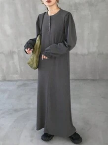 FRIFUL Women's Solid Color Button Front Long Sleeve Casual Long Dress - Grey - View 6