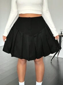 SHEIN EZwear Falda plisada de unicolor negro de talle alto para tallas grandes, casual y versátil