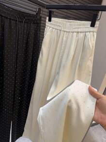 Franclia Pantalones rectos de cintura alta con goma elástica de satén, con brillos y anudado a la cintura - Beis - Ver 3