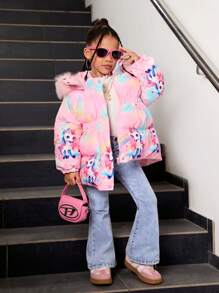 Young Girls' Cute Princess Style Cartoon Princess Print Icy Princess Pink Fluffy Collar Thickened Super Warm Padded Hooded Long Coat, Suitable For Outings And Skiing