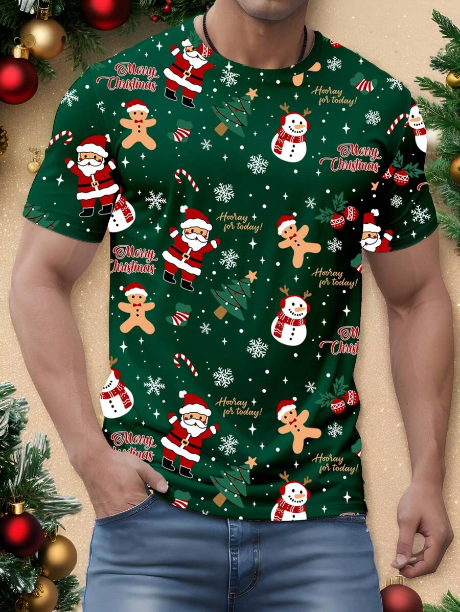 Manfinity Homme Manfinity Men's Christmas Slogan & Snowman Print Round Neck Short Sleeve Casual Dark Green T-Shirt - Multicolor - View 1