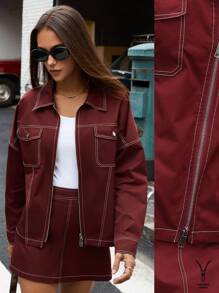 GENKIRA 2 件套女士休闲宽松复古裙子和上衣套装，休闲造型，初秋假日派对服装 - 酒紅色 - 查看 1