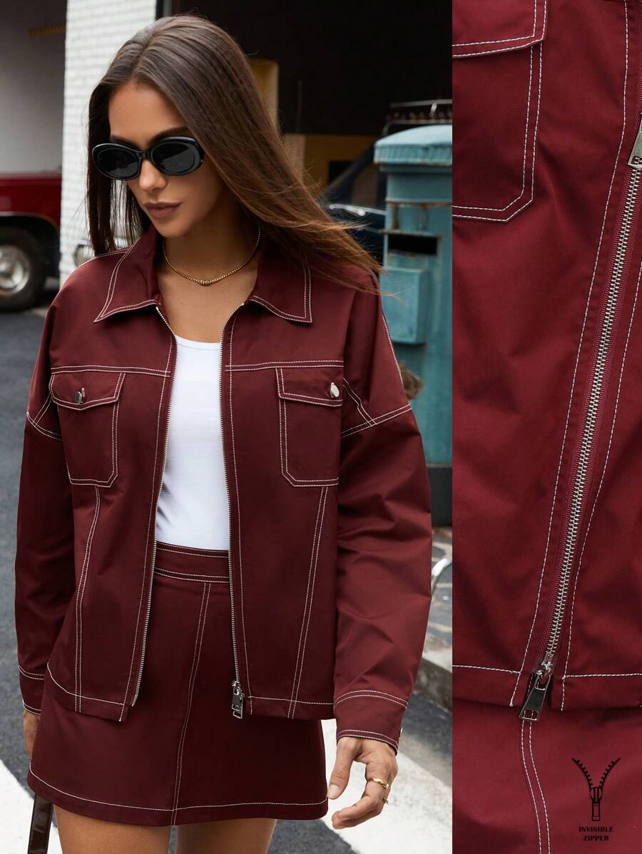 GENKIRA 2 件套女士休闲宽松复古裙子和上衣套装，休闲造型，初秋假日派对服装 - 酒紅色 - 查看 1