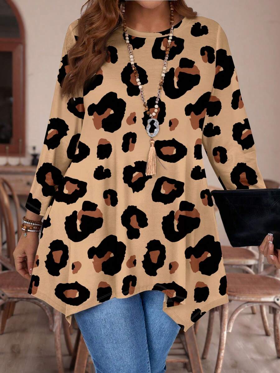 EMERY ROSE Casual Minimalist Full Print Leopard Pattern Loose Fit Long Sleeve T-Shirt, Plus Size, Spring And Autumn - Multicolor - View 1