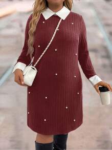 SHEIN LUNE Plus Size Spring/Fall Casual Color Block Beaded Decoration Dress Winter Clothes, Dress With Sleeves, Black Long Sleeve Dress, Thanksgiving Dress