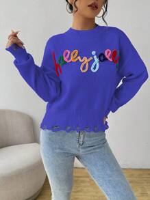 SHEIN Unity Sweater Rajut Kasual Wanita Lengan Panjang Kerah Bulat dengan Detail Motif Huruf untuk Musim Gugur dan Musim Dingin - Royal Blue - View 4