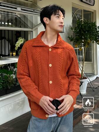 Manfinity CasualKnits Herren Einfarbiger Langarm Einreihiger Bequemer Loser Cardigan, Herbst/Winter