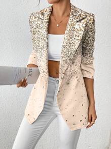 SHEIN Clasi Women's Autumn Sequin Print Lapel Collar Long Sleeve Elegant Blazer - Khaki - View 1