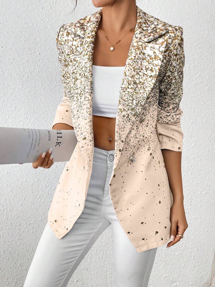 SHEIN Clasi Women's Autumn Sequin Print Lapel Collar Long Sleeve Elegant Blazer - Khaki - View 1