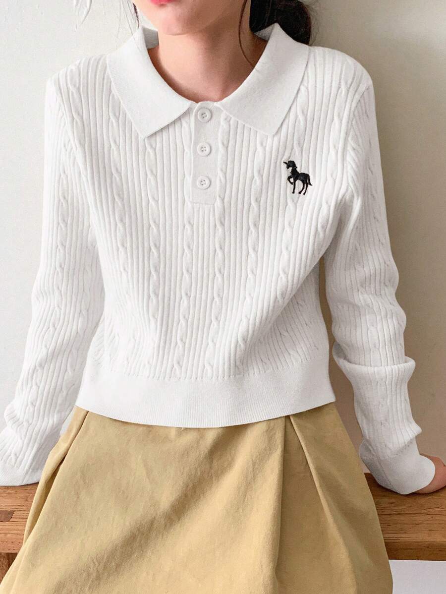 DAZY Tween Girl Embroidery Pattern Turndown Collar Sweater, Autumn Wear - White - View 1