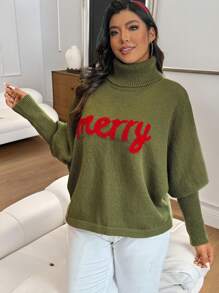 Calvaya Plus Size High Neck Long Sleeve Letter Pattern Minimalist Casual Pullover Sweater Knit Pullover Fall Winter - Multicolor - View 3