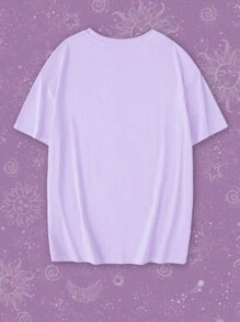 Tseoso Áo thun cổ tròn tay ngắn in hình nàng tiên cá và đại dương cỡ lớn giản dị, áo thun cotton dáng rộng cho nữ, mùa hè - Màu tím hoa cà - Xem 4