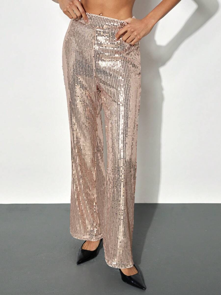 Maija Women's Apricot Elastic Waist Wide Leg Sequin Pants, Loose Fit Elegant Urban Party Wear, Suitable For All Seasons - Apricot - View 1