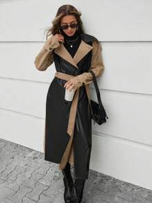 RueChic Women's Trench Coat With Contrast Collar And Long Sleeves, Fashion And Elegant, Fabric Patchwork