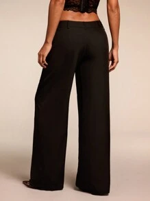 SHEIN BAE Quần ống rộng đơn giản, cạp thấp, dáng rộng, quần mùa đông cho nữ, trang phục mùa thu cho nữ, quần, quần âu cho nữ, đồ đi làm, phong cách cổ điển, quần ống rộng vải chéo thu đông, quần mùa đông cho nữ, quần cạp thấp, quần len, quần trang trọng, quần ống rộng, quần thường ngày - màu đen - Xem 2