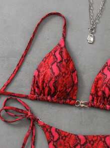 Swim Vcay 2pcs/Set Women Beach Random Floral Print Halter Triangle Bikini Top And Side Tie Bottom Set, Summer - Multicolor - View 5