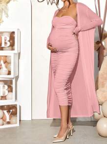 Loomaby 2pcs/Set Maternity Solid Long Sleeve Casual Jacket & Dress Set