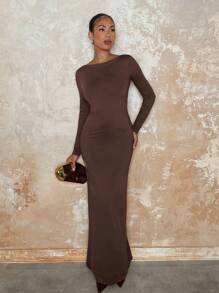 SHEIN BAE 白色纯色优雅长袖针织连衣裙，紧身褶饰细节和镂空后背，适合聚会、浪漫约会、鸡尾酒会、伴娘礼服和秋冬季分层穿着