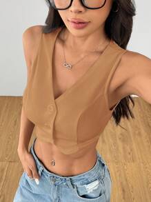 SHEIN PETITE Summer Tank TopsSolid Button Front Crop Waistcoat - Khaki - View 6