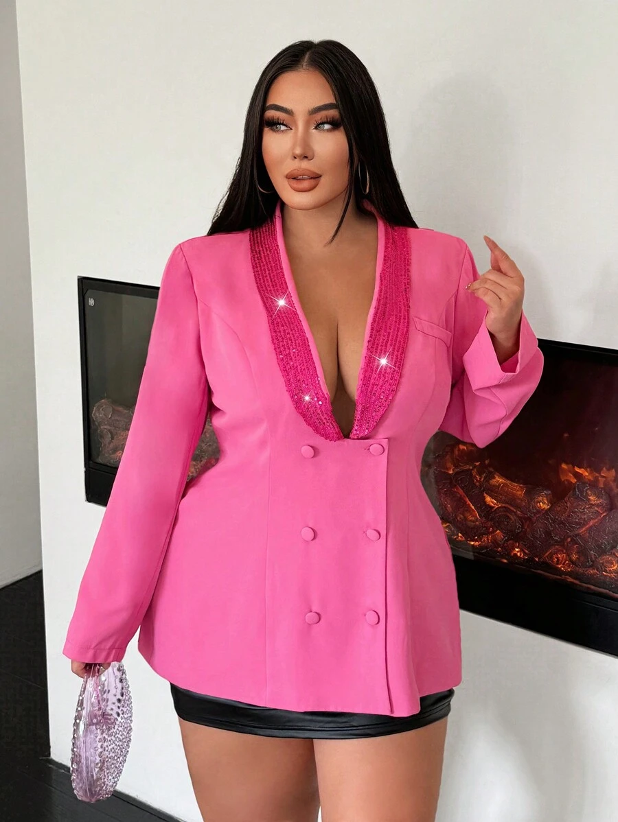 SHEIN SXY Plus Size Women Sequined Patchwork Blazer Jacket,Hot Pink Summer Elegant Party Magenta Nightclub Wedding New Year Prom Cocktail Body Modification - Hot Pink - View 1