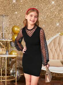 SHEIN Tween Girl Elegant Casual Street Style Heart Flocked Mesh Patchwork Petal Sleeve Casual Dress, Suitable For Party And Outings In Autumn/Winter - Black - View 5