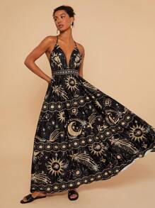 Travachic Vestido de espalda abierta con estampado de constelación trenzado, estampado de estrellas y luna, relajante y romántico para vacaciones junto al mar (el bajo es amplio)
