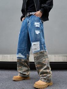 Manfinity EMRG Men's Camouflage Print Ripped Pocket Casual Versatile Denim Jeans