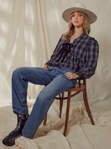 WESTFADE Spring Plaid Velvet Bow Front Babydoll Ruffle Long Sleeve Peplum Top Vacation - Multicolor - View 2