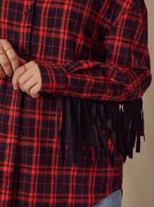 WESTFADE Western Plaid Fringe Long Sleeve Collared Boyfriend Button Up Shirt