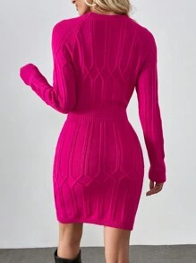 SHEIN Clasi Casual Waist Drawstring Round Neck Long Sleeve Warm Diamond Knitted Magenta Sweater Dress For Women, Autumn/Winter