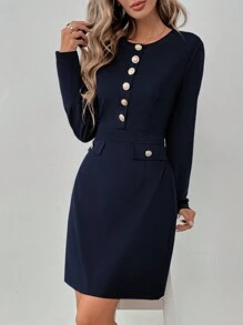 SHEIN Clasi 女士优雅金属纽扣装饰长袖短款连衣裙，适合秋冬季 - 藏蓝色 - 查看 4