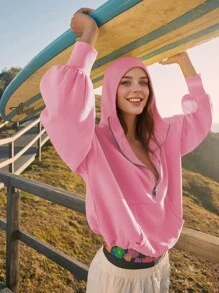 INAWLY 女士纯色半拉链休闲连帽卫衣粉色套头衫秋季款