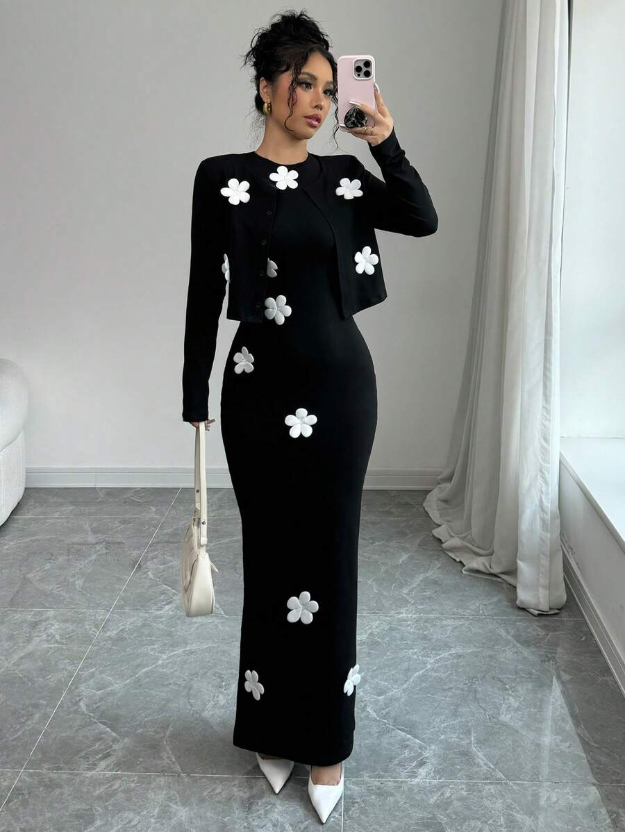 Selianne Women's Solid Color Elegant Lady Style Jacket & Dress Set With Floral Decor, Suitable For Spring/Summer