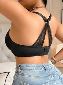 1pc Plus Size Women Sexy Lace Patchwork Back Support Wireless Lingerie Bra - Black - View 2